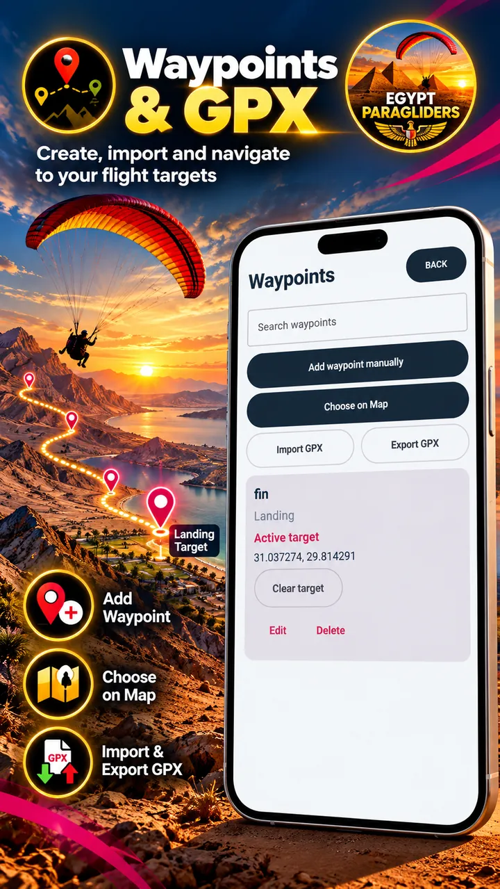 Waypoints and GPX import export screen